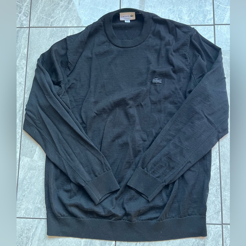 Lacoste Men's Black 100%Wool Long Sleeve Crewneck Sweater Logo Regular Fit 2XL
